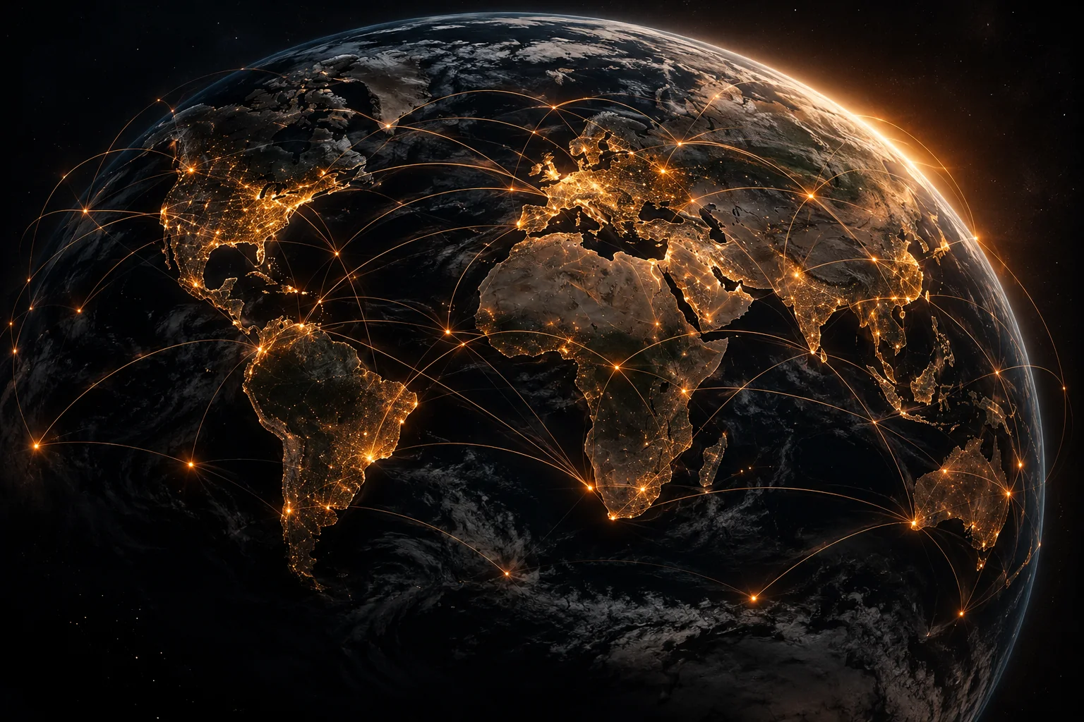 Worldwide business network connecting cities across continents
