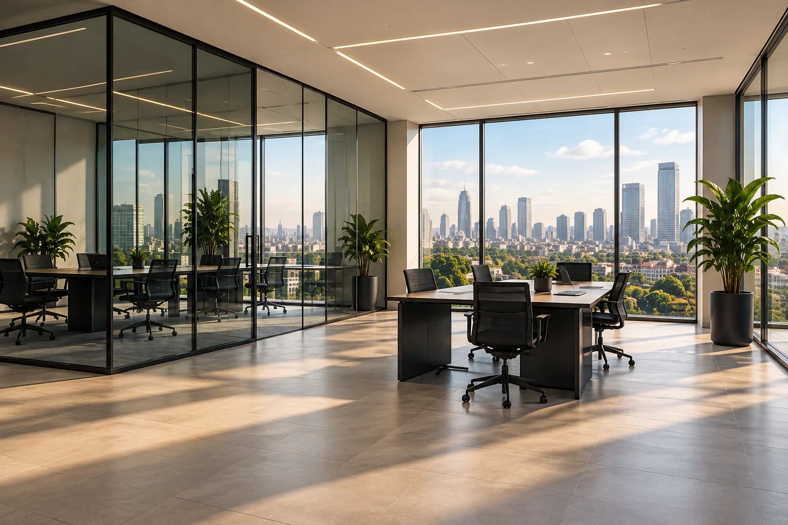Modern office interior with glass meeting rooms
