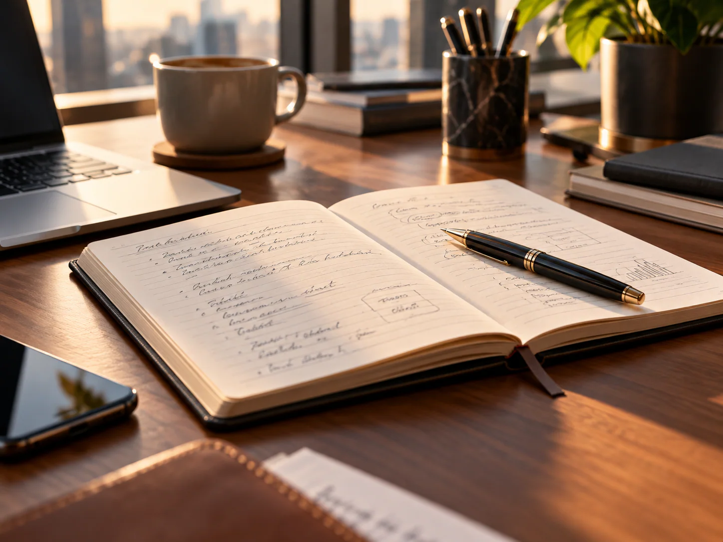 Strategy notes and planning on an executive desk